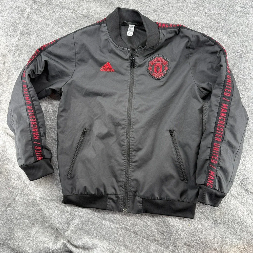 Adidas Manchester United Jacket Kids Size 9-10Y Black Red Zip Bomber Windbreaker